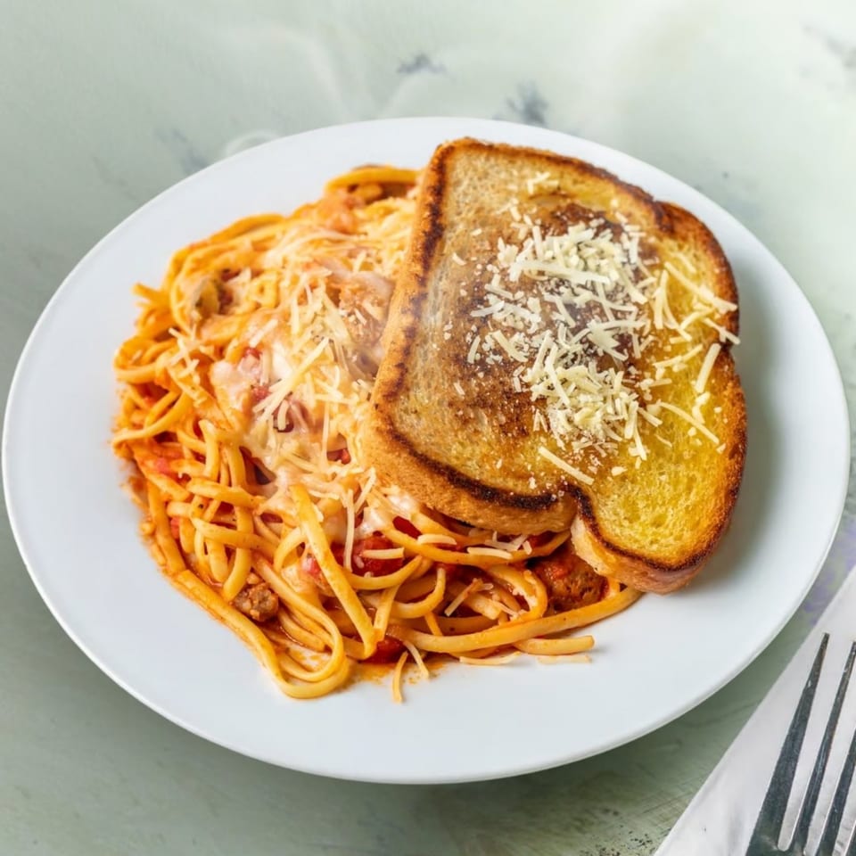 A white plate of spaghetti with meat sauce, topped with shredded cheese and a slice of garlic bread.