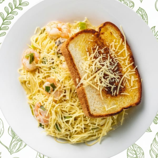 Shrimp scampi pasta with green onions and mushrooms, served with two slices of cheesy garlic bread.